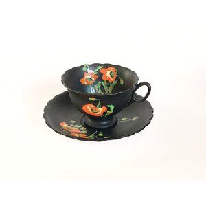 Matte Black Atlas China Teacup and Saucer Hand Painted Orange and Yellow Poppies